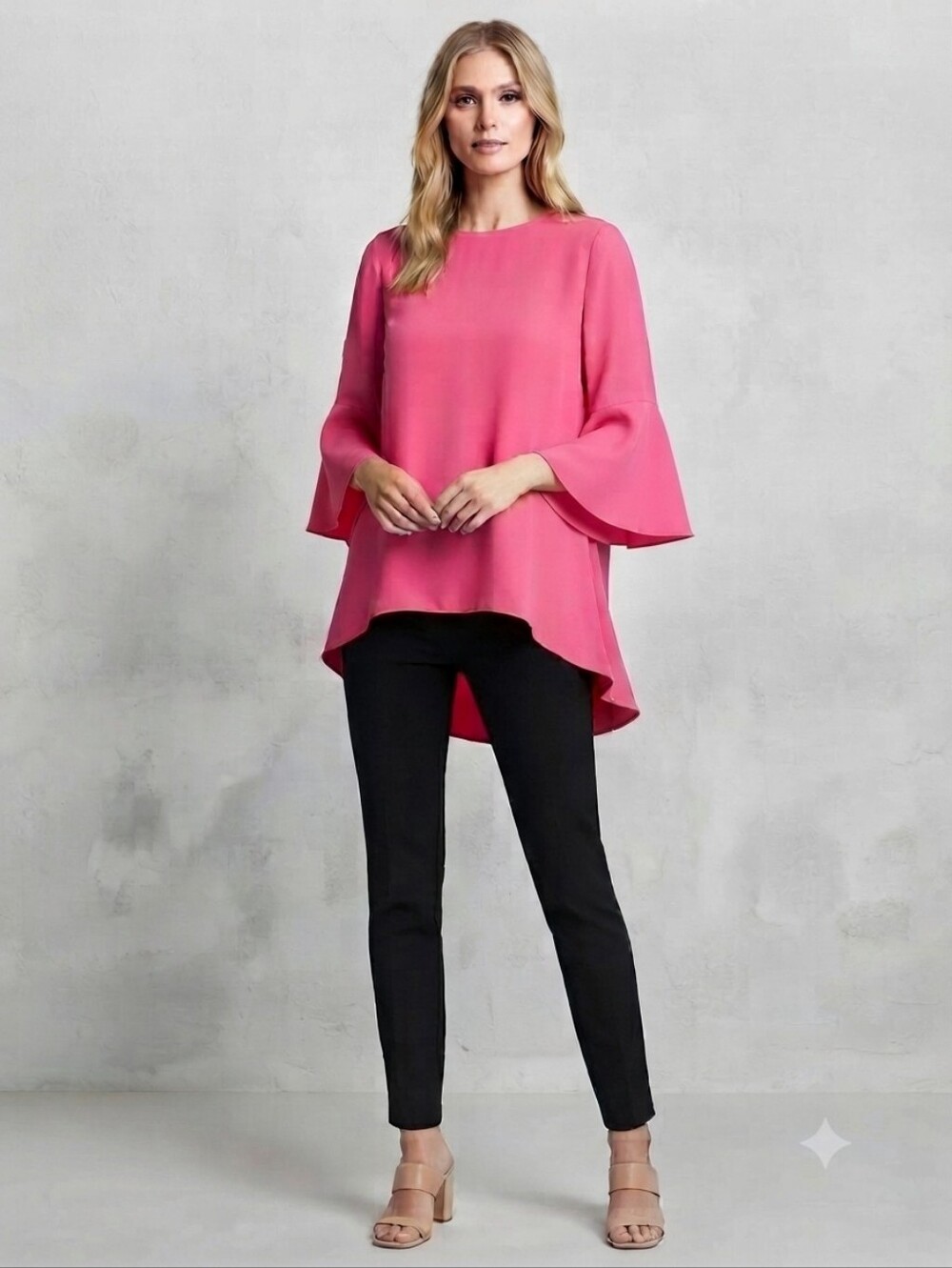 Caroline Rose Palm Beach Pink Julia Matte Crepe Crew Neck 3/4 Ruffled Sleeve. M